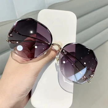 Fashion Tea Gradient Sunglasses Women Ocean Water Cut Trimmed Lens Metal Curved Temples Sun Glasses Female UV400 2