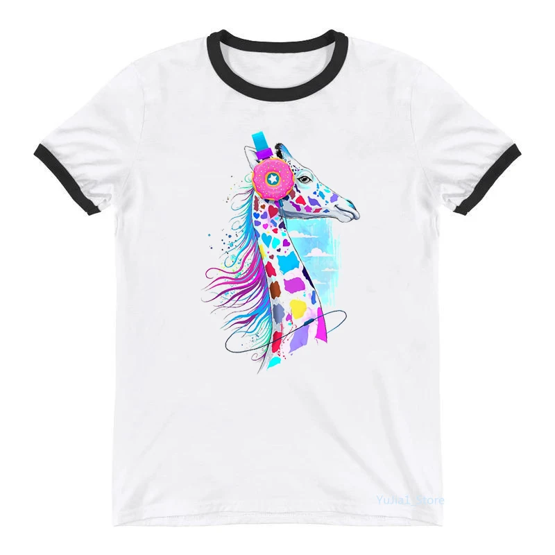 

2022 Watercolor Giraffe Wearing Donut Headphones Listening To Music Print T-Shirt Women'S Clothing Funny White Tshirt Femme Tops