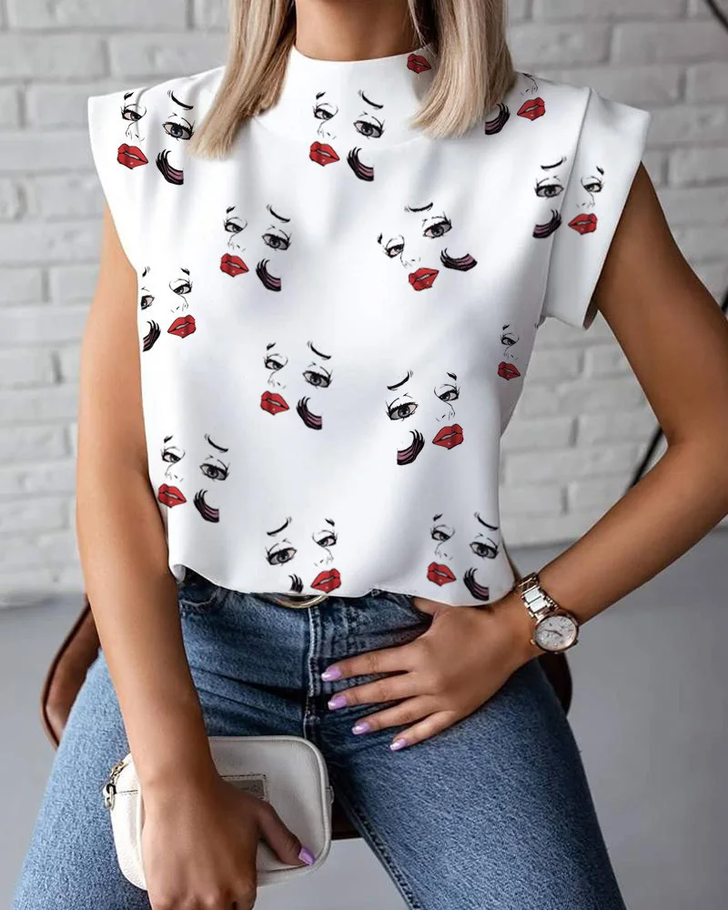 Elegant lips print tops t-shirt office ladies casual stand neck short sleeve summer clothing