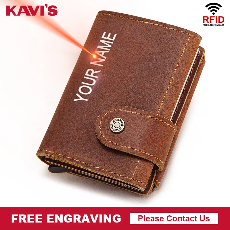 

KAVIS Engraving Credit Card Holder Wallet Men Women Metal RFID Vintage Aluminium Bag Crazy Horse Leather Bank Cardholder Case