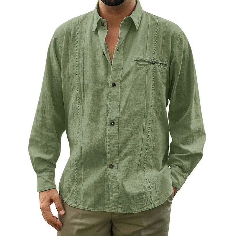 

Puimentiua 2019 Mens Loose Fit Cuban Camp Guayabera Linen Long Sleeve Soild Shirts Casual Button Down Beach Breathable Shirts