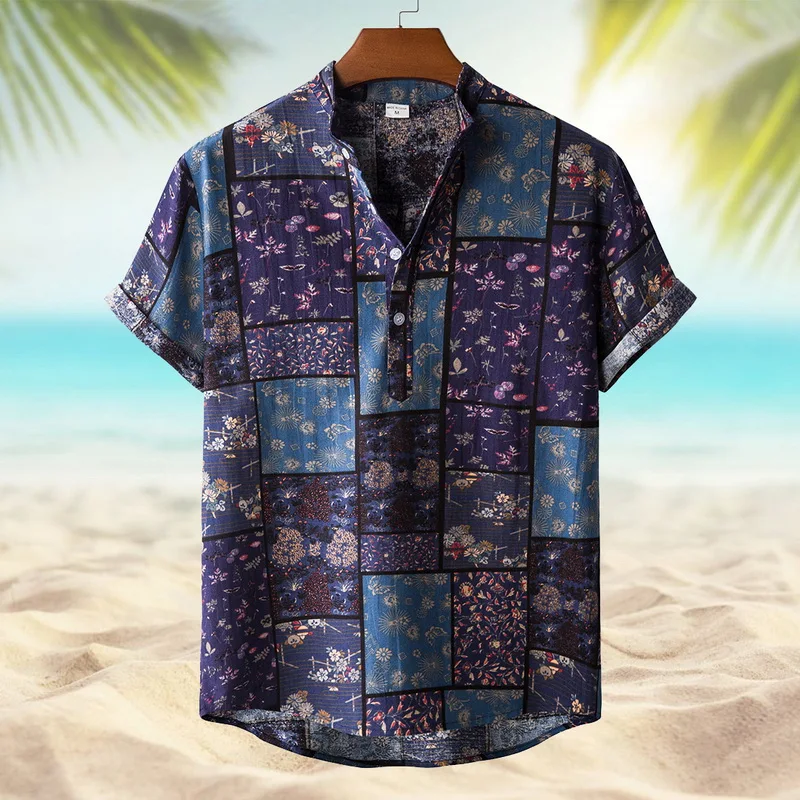 SHUJIN Men Linen Cotton Short Sleeve Shirt Summer Floral Loose Baggy Casual Shirts Tops Holiday Beach Men's Hawaii Shirts - Image 3