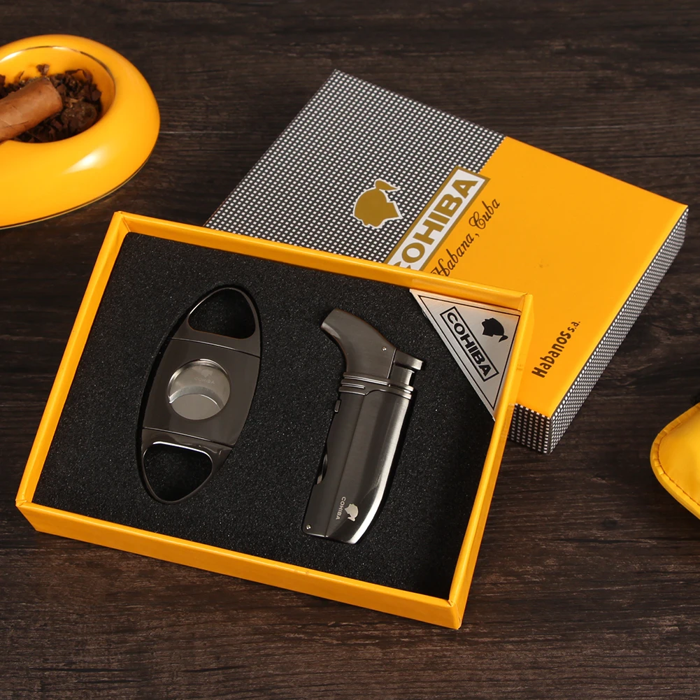 COHIBA Карманный сигаретный Зажигалка резак набор металлических роскошных сигар резаки 2 фонарь зажигалки портативные сигары аксессуары с подарочной коробкой
