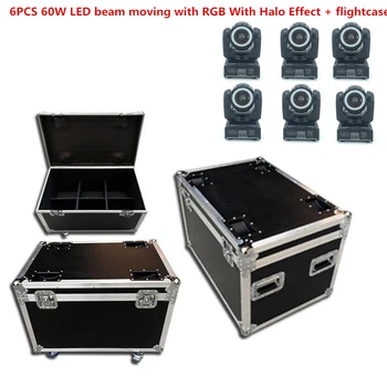 

6PCS 60W RGBW LED beam moving with RGB With Halo Effect + flightcase dj lights super bright LED Strobe Spot Light dmx control