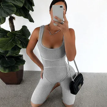 

Fashion Women Knitted Jumpsuits Women Gym Sports Playsuit Summer Party Romper Sleeveless Tank Playsuit Black Grey Sexy Bodysuit