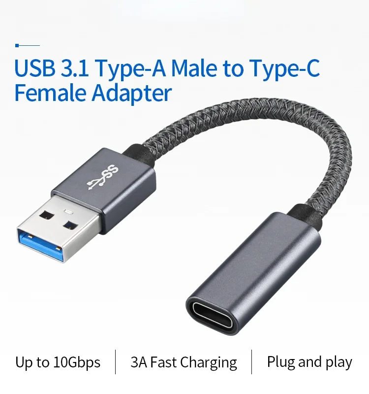 Cavo Adattatore Da Usb C Femmina A Usb 3.0 Intrecciato Nero Da 10Cm, Adattatore Da Usb C Femmina A Usb Maschio Fino A 10Gbps
