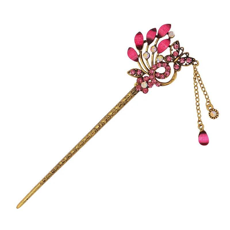 Винтажные Акриловые стразы с кристаллами и бабочками, женские палочки для волос, листья, павлин, цветок, металлическая цепочка, кисточка, ювелирное изделие для волос - Окраска металла: Pink