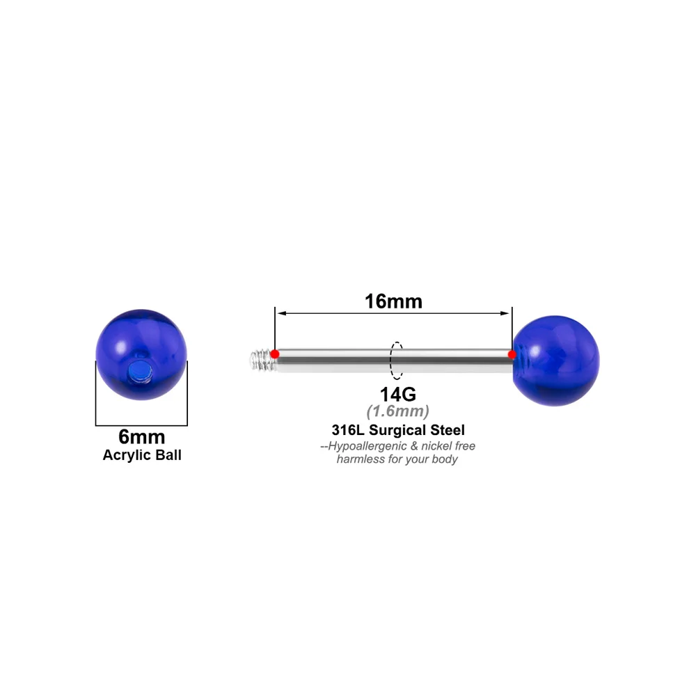 Tongue Rings 10PCS Colorful Acrylic Ball 14g Surgical Steel Straight for Women Body Piercing Jewelry