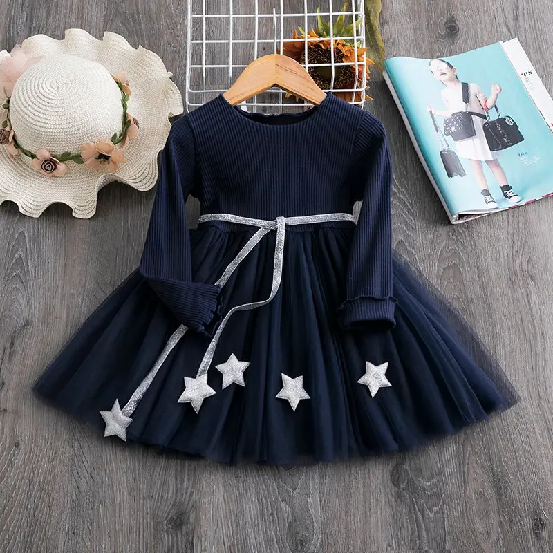 Осенне-зимнее детское платье для девочек, вязаное платье с длинными рукавами праздничные платья для девочек Одежда для маленьких принцесс повседневная одежда для детей от 3 до 8 лет - Цвет: Navy Blue