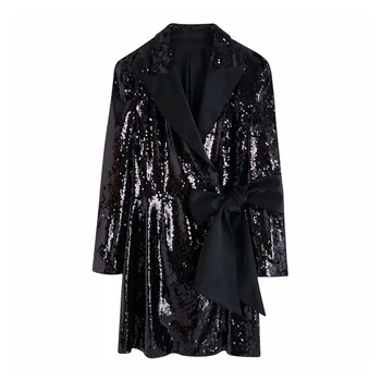 

Stylish Sexy Bow Tie Sashes Sequin Suit Style Black Dress Women Lapel Collar Long Sleeve Female Mini Dresses Vestidos