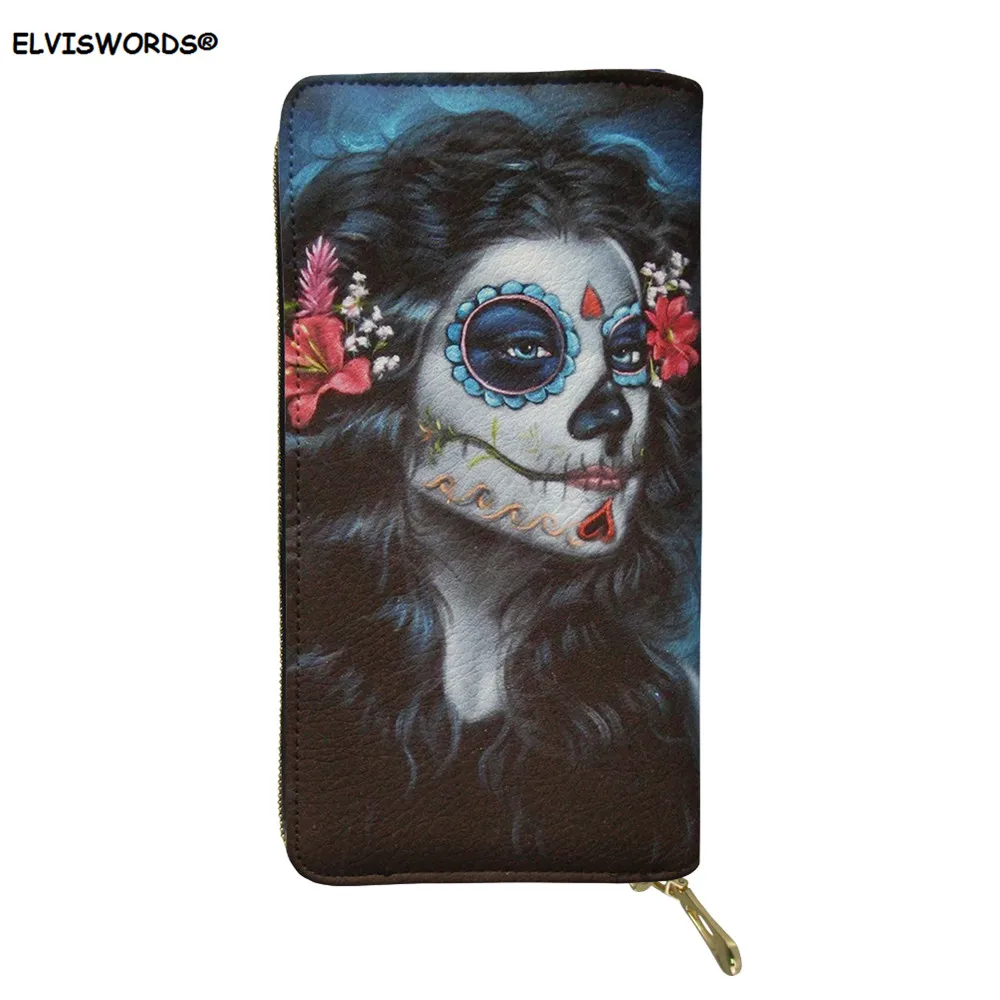 

ELVISWORDS Gothic Wallet Women Long PU Leather Zipper Wallrts Female Big Card Holder Cash Coin Phone Bags Purse for Ladies Girls
