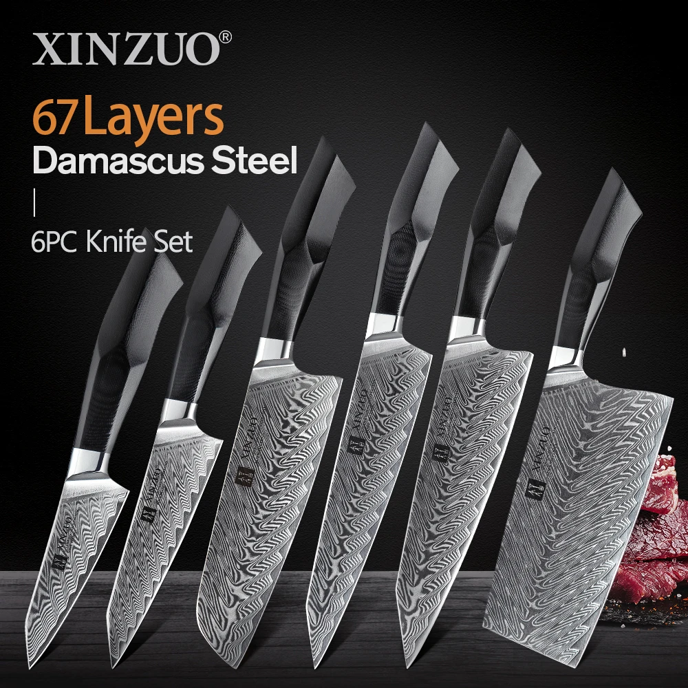 PROD 1005001284589488 XINZUO 6 PCS Knife Set VG10 Damascus Steel
Slicing Chef Santoku Carving Big Cleaver Meat Paring Kitchen Knife Set
G10 Handle