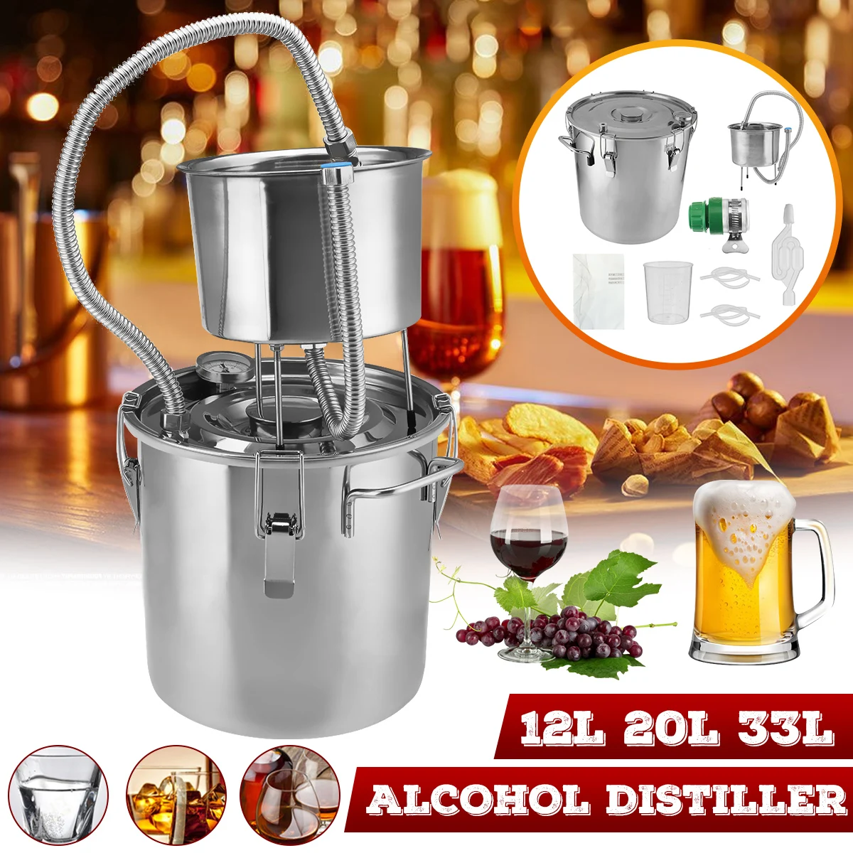 

12L/20L/33L Litres Distiller Alambic Moonshine Alcohol Still Stainless Copper DIY Home Brew Water Wine Essential Oil Brewing Kit