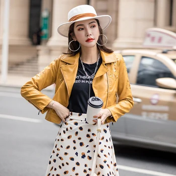 

Women's Leather Short Jackets Autumn Yellow Simple Slim Lady PU Faux Leather Embroidery Motorcycle Jacket Streetwear Hip Hop Top