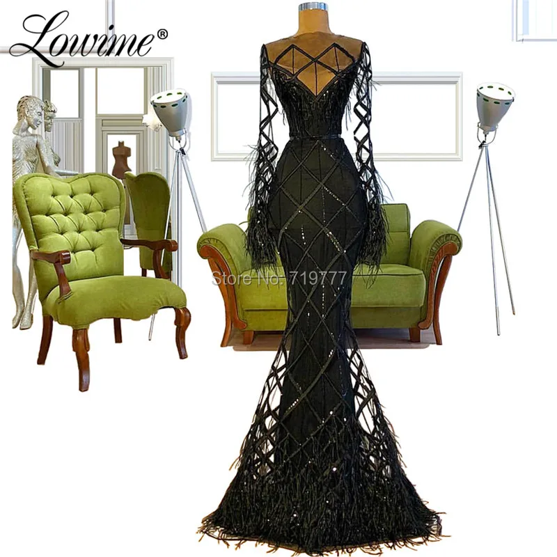 

Black Evening Dresses Sequin Feather Custom Arabic Party Gowns For Weddings 2019 New Arrival Mermaid Prom Dress Vestido De Festa