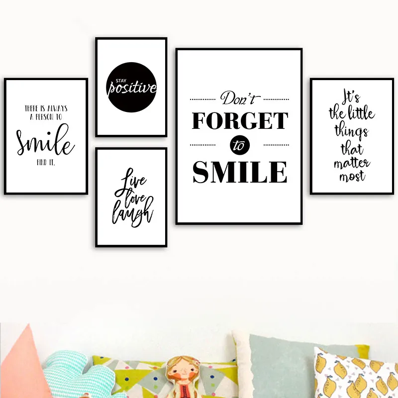 Black and White Inspirational Positive Smile Quote Art Canvas Painting Posters Prints Wall Pictures Kids Room Home Decor KL083 | Дом и сад
