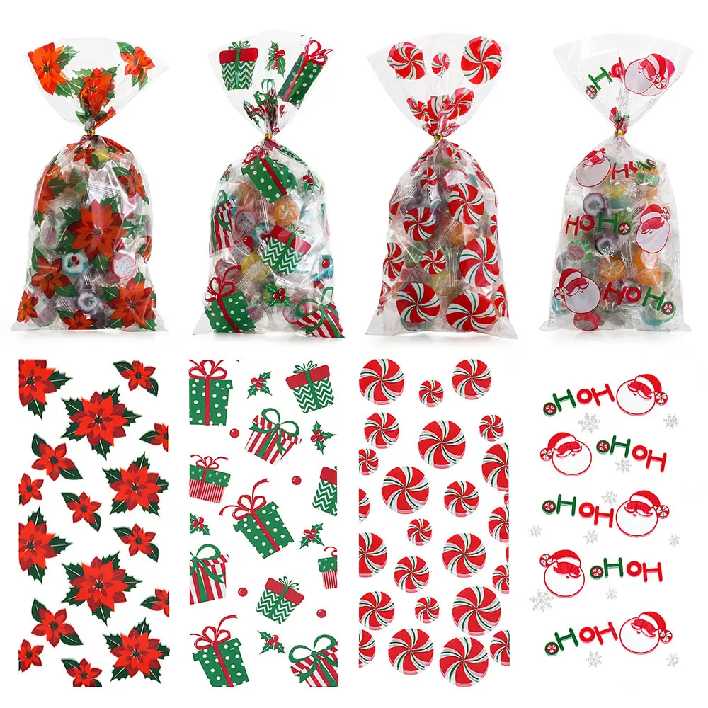 

50PCS Merry Christmas Candy Biscuit Bags Santa Snowmen Plastic Cellophane Gifts Packing Box Xmas Hallowe Candy Treat Bag Decor