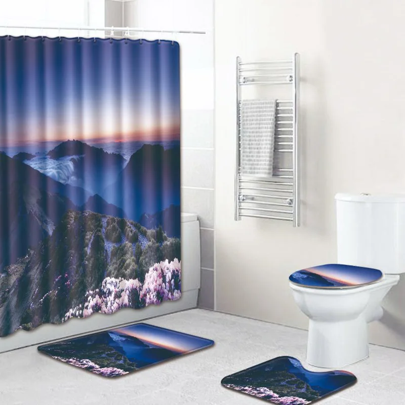 

4pcs/set Flower Pattern Waterproof Shower Curtain With 12 Hooks Floor Mat Pedestal Rug Lid Toilet Cover Mat Anti-slip Bath Mat