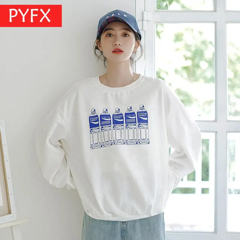 

2019 autumn new Korean simple loose casual fun mineral water bottle printing round neck pullover white Women's Cute Sweatshirt