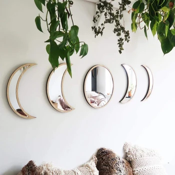 

5Pcs/Set Wooden Acrylic Decorative Mirrors Moon Moon Cycle Variation Decorative Wall Mirror Creative Bohemian Mirror