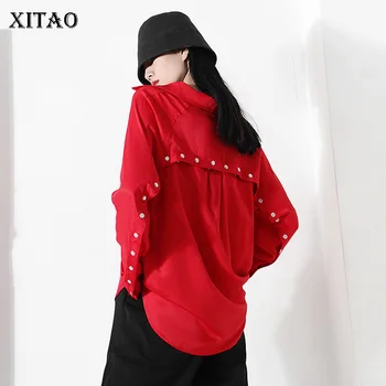 

XITAO Button Pocket Hollow Out Red Blouse Women 2020 Autumn Tide Fashion New Turn Down Collar Long Sleeve Personality ZP1727