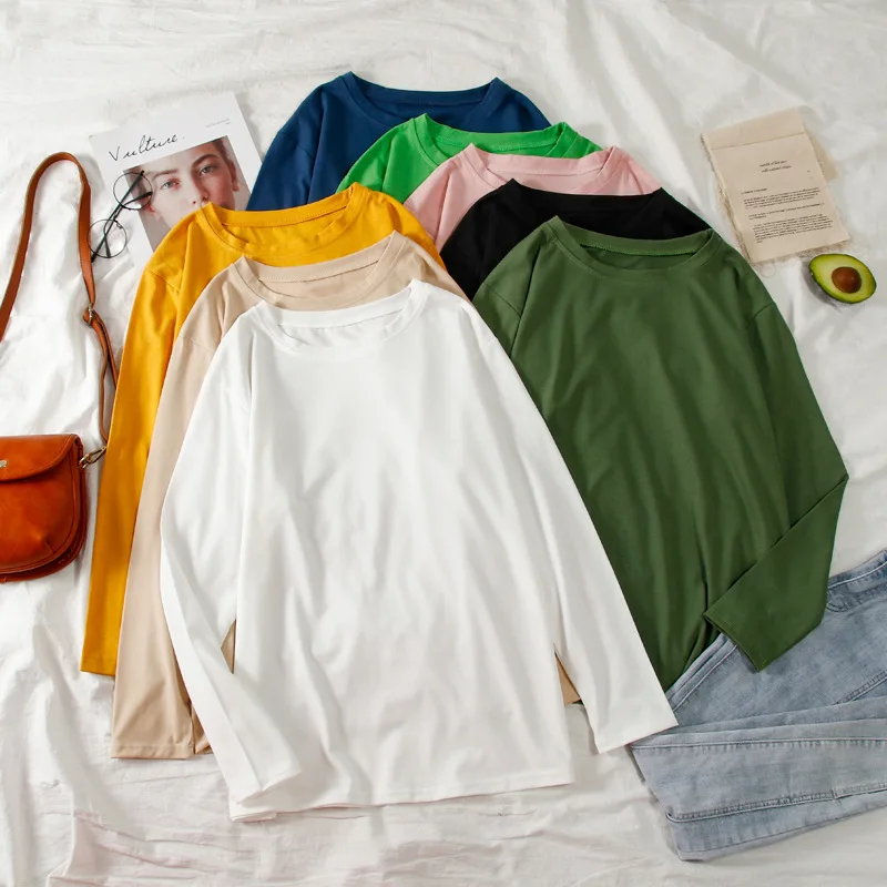 Women T-shirt 2019 Autumn Loose Long-sleeved Round Neck Female Solid Color Bottoming Shirt clothes | Женская одежда