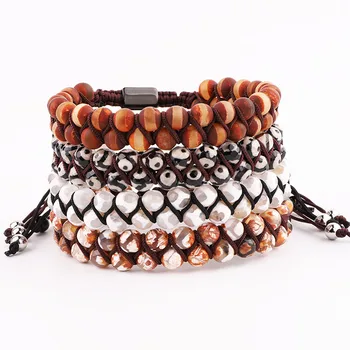 High Quality Double Layer 6mm Natural Stone Brown Stripe Colored Agate Beads Braided Macrame Bracelet Jewelry For Men Women