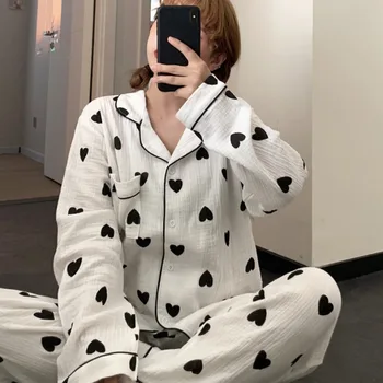 

Cotton Pajamas Soft Pleated shuang ceng mian Long Sleeve Love Homewear Set Autumn New Style Female