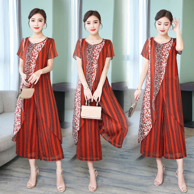 

High-End Real Silk Set Summer Women's Fashion Elegant Two-Piece 2019 Mulberry Silk Capri Loose Pants Slimming by Age