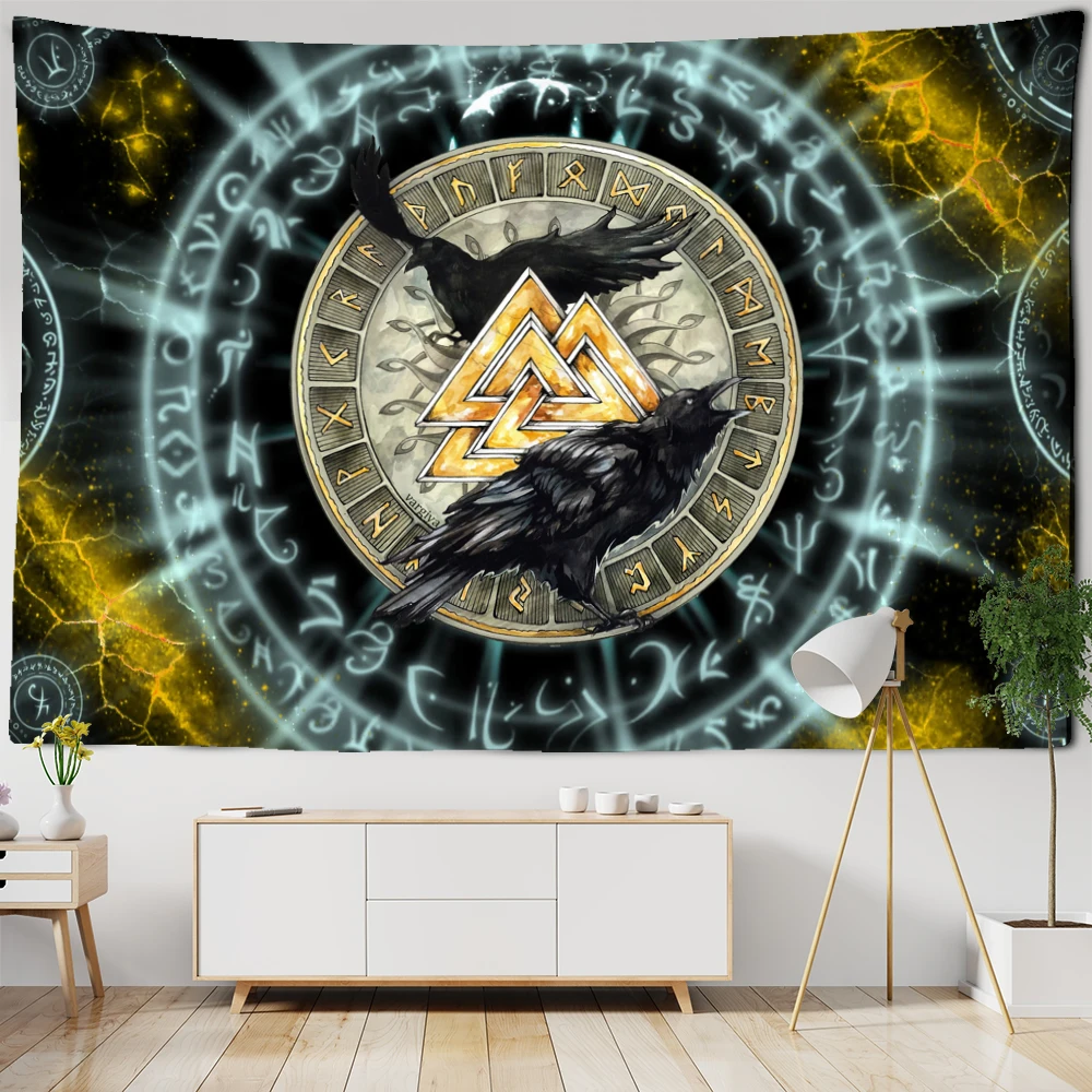 Vikings Tapestry Wall Hanging Tapestries Decor For Living Room Tarot Sun Moon Raven Mysterious Meditation Psychedelic Runes Art