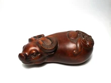 

YIZHU CULTUER ART Collectable Old China Boxwood Hand Carved ox bat Coin Figure Statue Family Ornament Gift