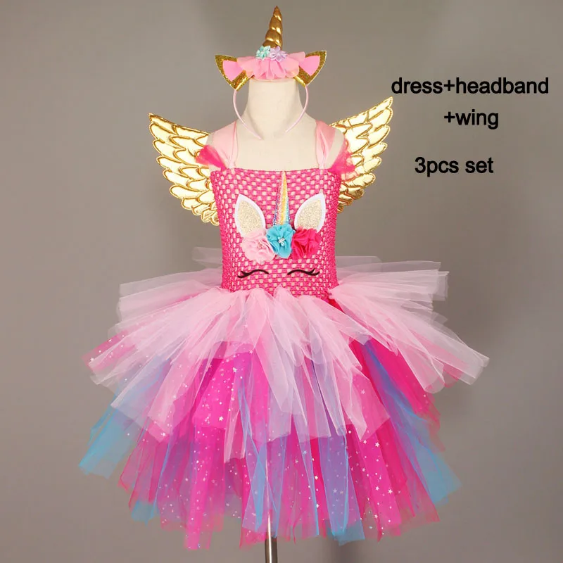 Блестящее праздничное платье-пачка принцессы с изображением единорога для девочек; Детский карнавальный костюм с повязкой на голову и крыльями; платье для девочек для костюмированной вечеринки на Хэллоуин - Цвет: dress headband wing