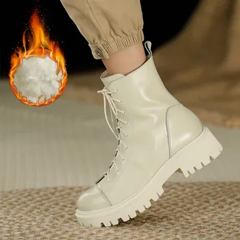 

Winter shoes woman warm plush snow boots chunky platform women boots cross-tied middle heels 2020 Combat ankle boots big size 10