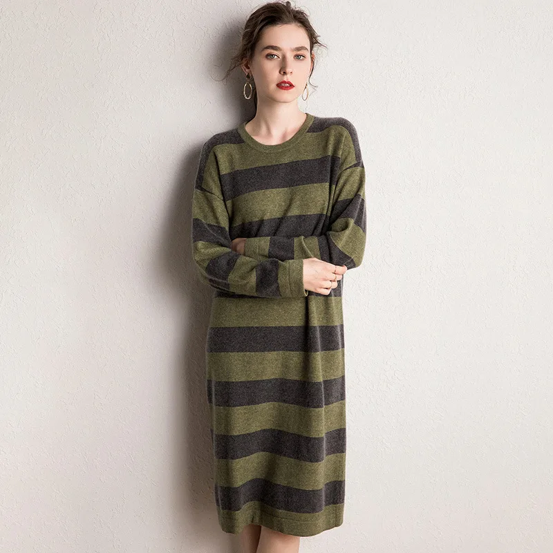 

Autumn And Winter New Style Cashmere Sweater Women's Crew Neck Mid-length Loose-Fit Stripes Sweater Laziness-Style Pullover Swea