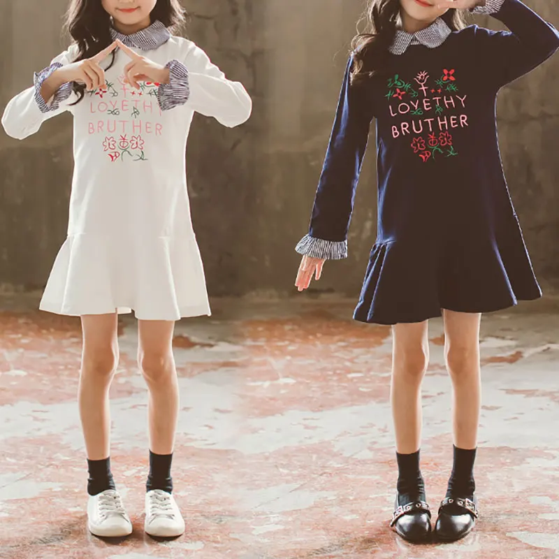 Новое Детское Повседневное платье с длинными расклешенными рукавами и буквенным цветочным узором для маленьких девочек платья принцессы От 3 до 10 лет