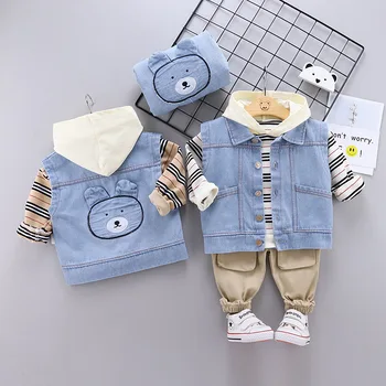 

Baby boy clothes autumn boy suit casual striped hooded sweater children's suit boy jacket denim vest cardigan three-piece suit