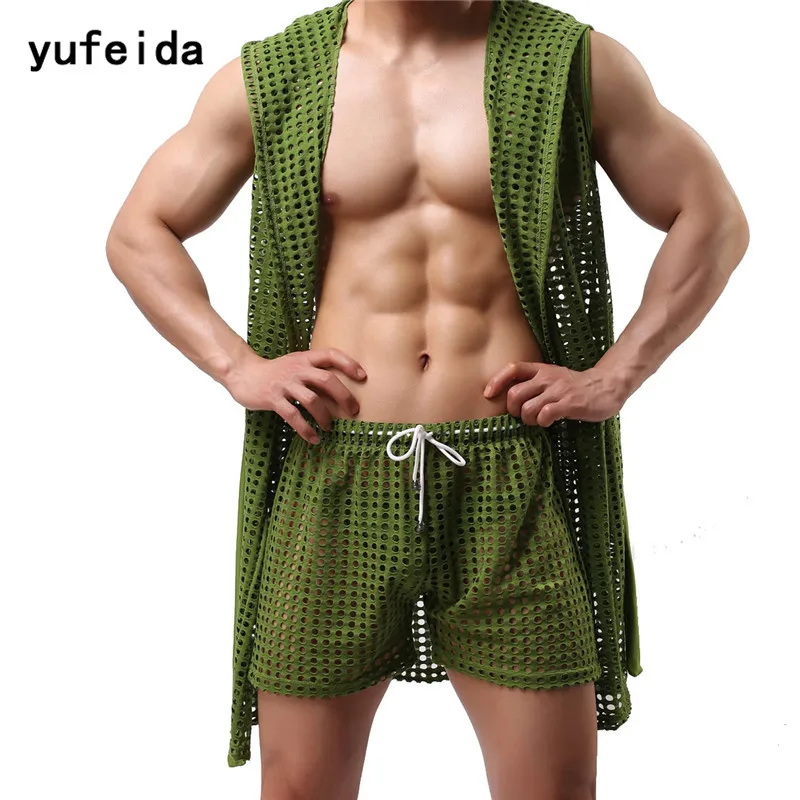 Green Мужские трусы, дышащий костюм для борьбы, сексуальная одежда для сна, банный халат, Мужская сценическая танцевальная клубная одежда, мужской жилет с шапкой - Цвет: Green
