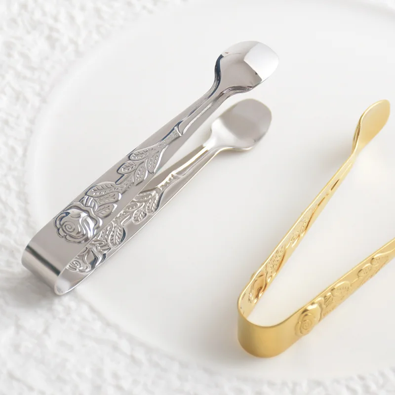 food tongs 1/2PCS ice tong embossed rosette handle stainless steel for food BBQ kitchen