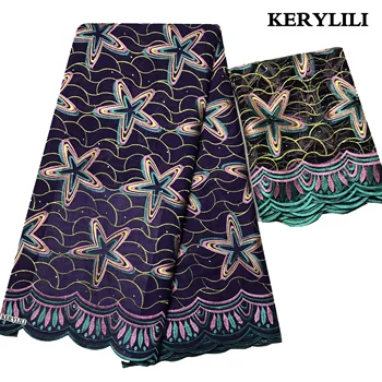 

New Arrival 5 Yards Purple Lace Fabric With Stones Swiss Voile Suisses Africain Cotton Material KRL-32457