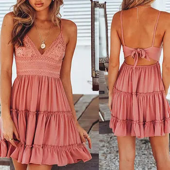 

Women Lace Dress Sexy Backless V-neck Beach Dresses Fashion Sleeveless Spaghetti Strap White Casual Mini Sundress Pop 88