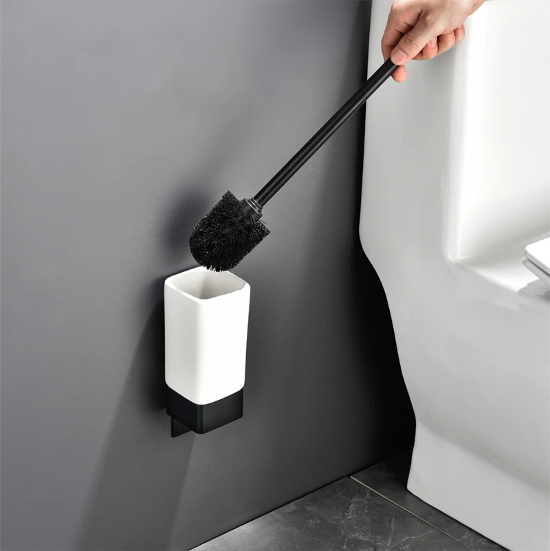 Bathroom Toilet Brush Holder Black Liquid Lotion Dispenser Wall Mounted Tumbler Holder 3M Tape Soap Dish Ceramic Included