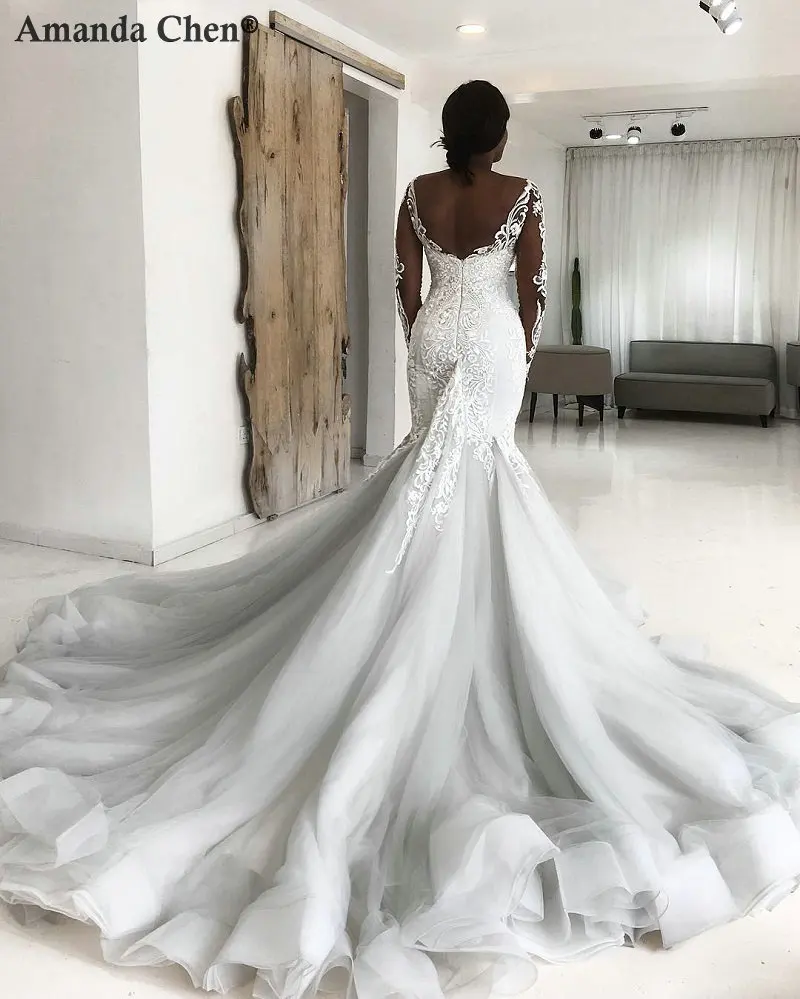 Robe de mariee Русалка длинный рукав кружевная Апликация низкая черное свадебное платье