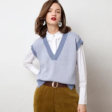 Весна и Осень женский клетчатый короткий жилет с v-образным вырезом свитер Свободный жилет с коротким рукавом ALKMENE свитер для улицы