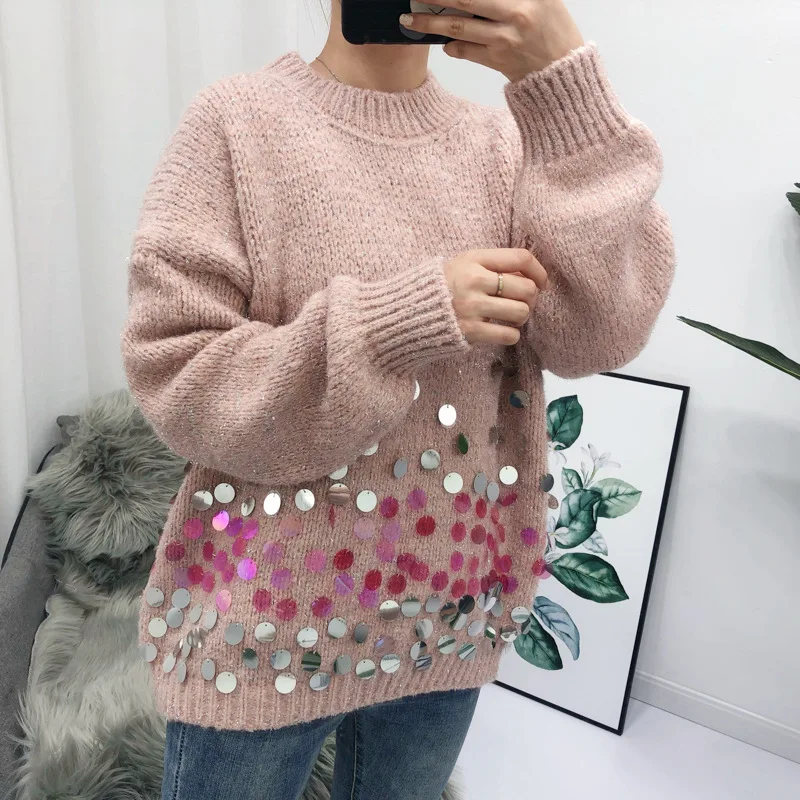

Milinsus Plus Size Women Sweaters Oneck Long Sleeve Sweater Sequined Solid Knit Jumpers Fashion Korean Pullovers 2019 Winter Top