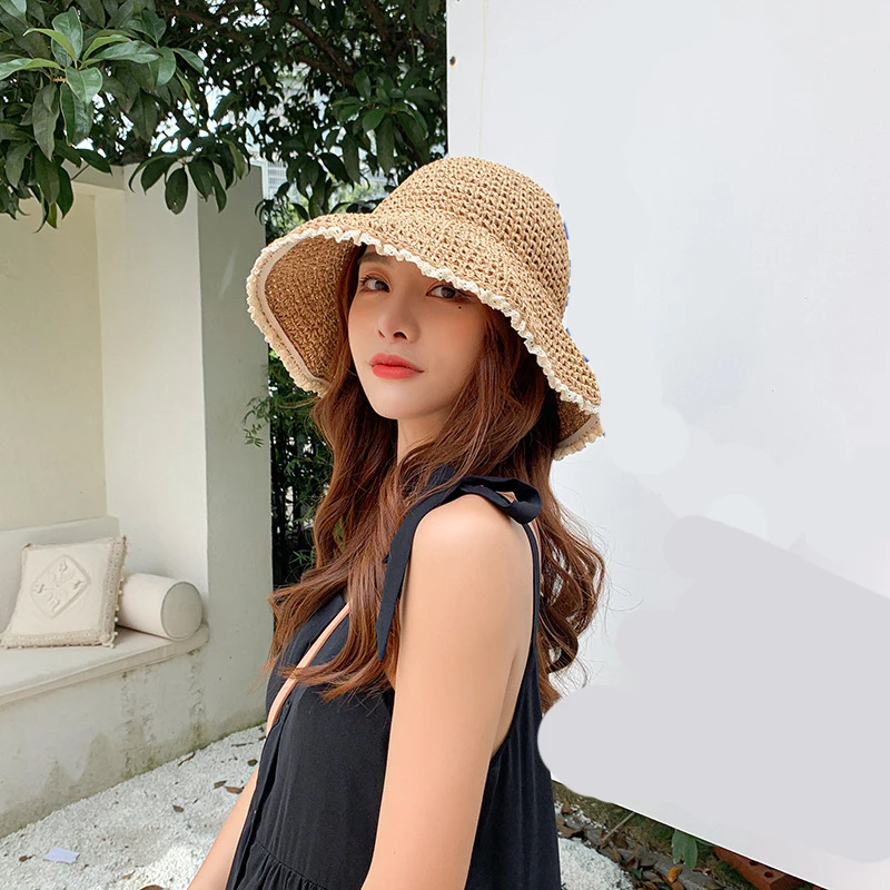 

2021 Womens Straw Hats Panamas UV Protection Sun Visor Lace Wide Brim Beach Hats Women Straw Bucket Hat Female Summer Sun Hat