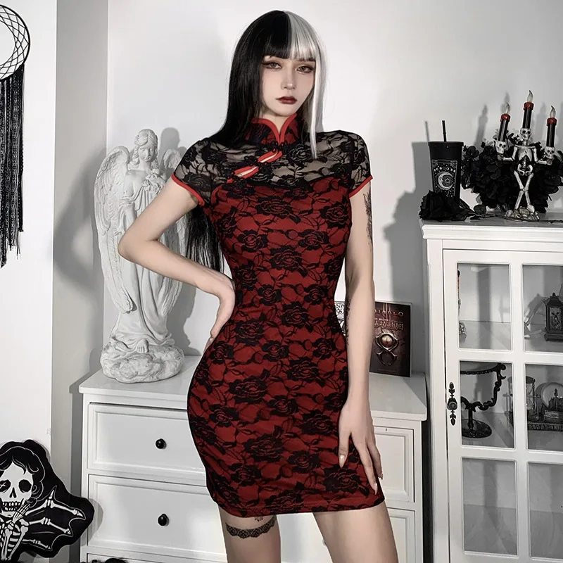 Red Gothic Women Sexy Cheongsam Mini Dress Summer Lady Black Lace Stand Collar Hollow Out Dresses Chinese Buckle Goth Vestidos