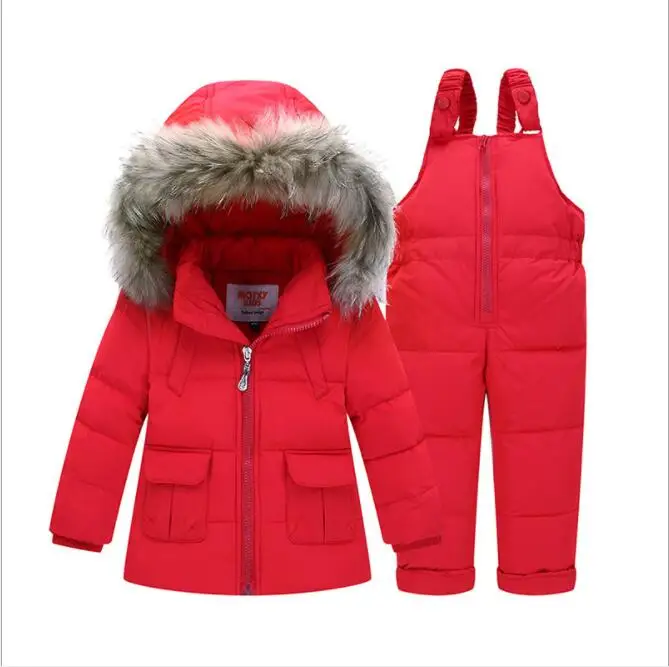 Зимняя одежда для девочек для мальчиков пуховые штаны российского производства куртка Костюмы-30 градусов с капюшоном куртка с мехом+ комбинезон для малышей, комбинезон с капюшоном; детская теплая одежда наборы для ухода за кожей