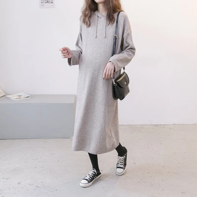 

Autumn Winter Maternity Loose Long Hooded Dresses Expectant Mother Soft Knit Dress Pregnant Women Solid Color Pregnancy Clothes
