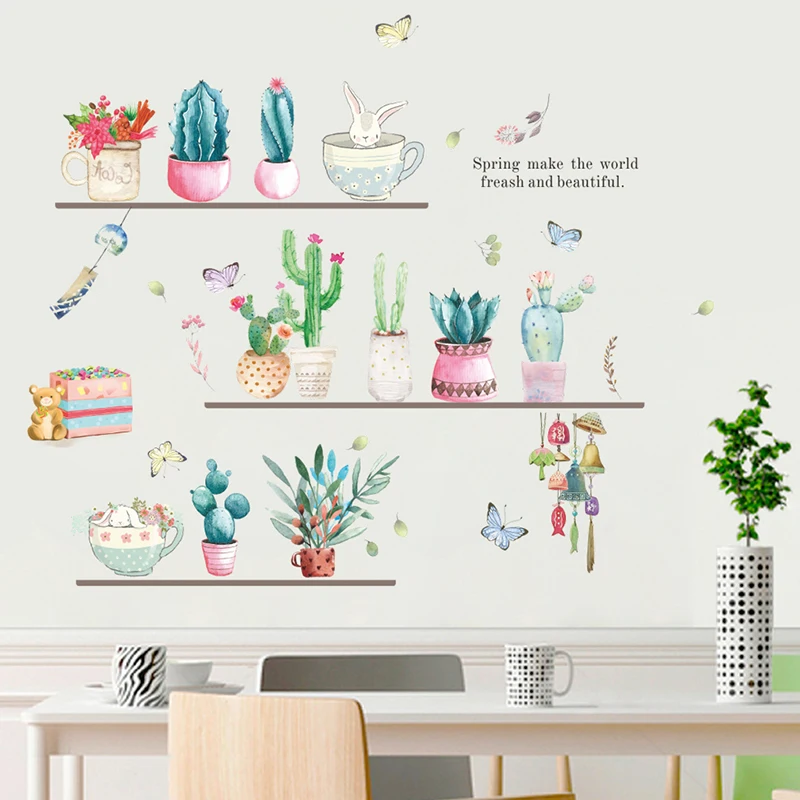 Bonsai Cactus Flowers Butterfly Wall Stickers For Home Decor Living Room PVC Wall Decals DIY Mural Art Decoration Accessories