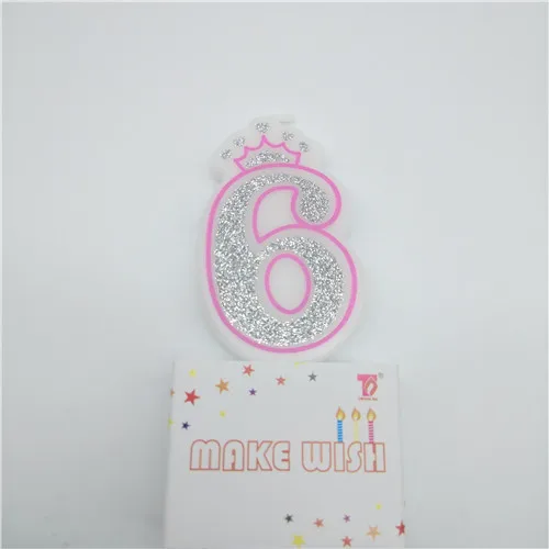 6-pink Номер 0-9 свечи сверкающие Серебристые розовые синие короны свечи для торта украшения для кексов для детей девочек день рожденья для мальчиков - Цвет: 6-pink